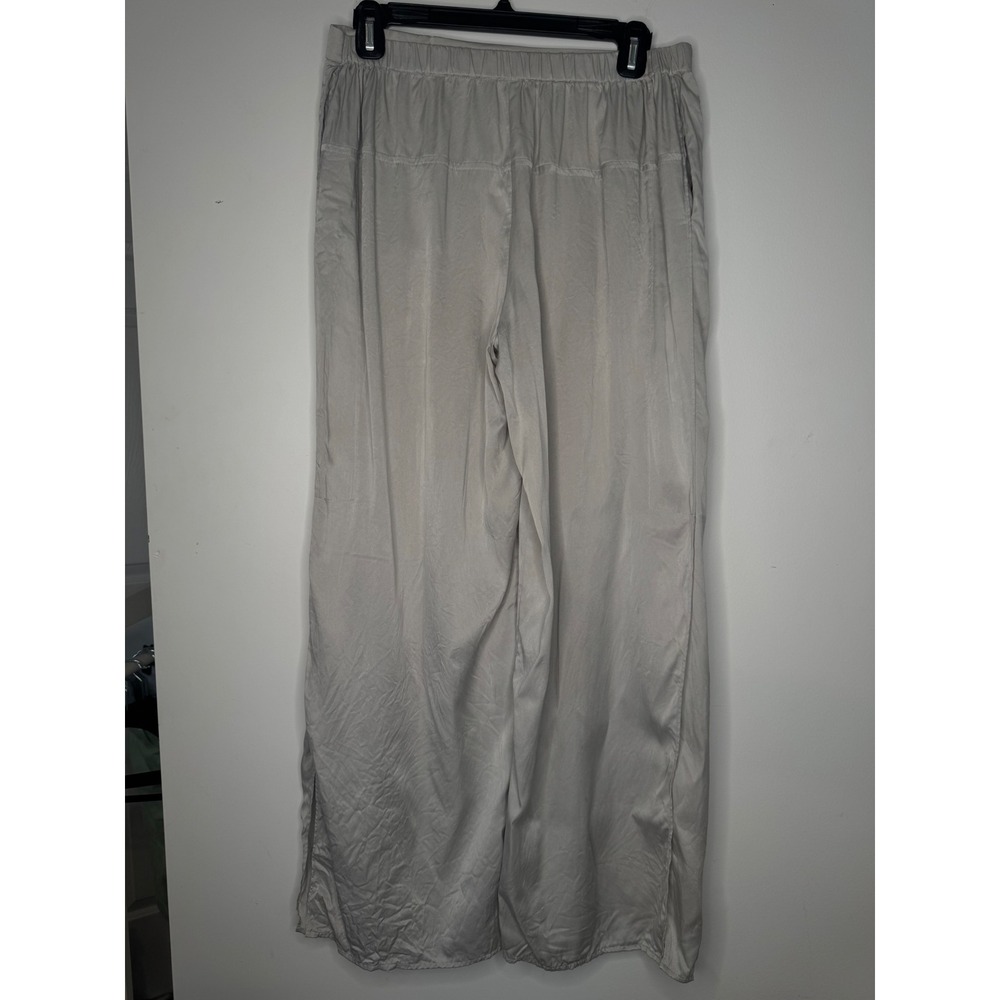 Quince Silk Wide Leg Side Slit Pants Light Gray Silver Elastic Waist Small - Picture 2 of 6